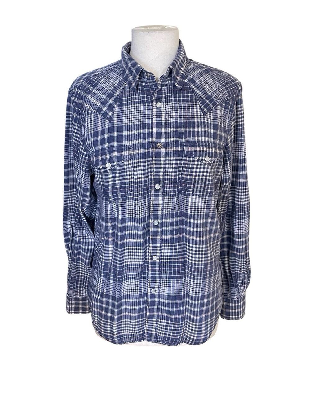 Guess LA 1981 -Blue Plaid Flannel Pearl Snap Button Up Shirt Women’s Sz Medium
